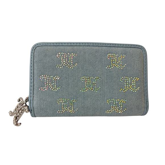 Juicy Couture Wallet Denim Rhinestone JC Logo Zip Around Charm Bling Blue Y2K - Picture 1 of 7